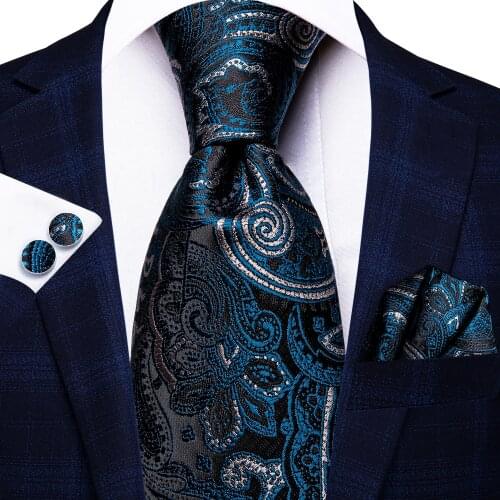 Hi-Tie Dark Blue Black Floral Silk Wedding Tie For Men Handky Cufflink Set Fashion Designer Gift For Mens Necktie Business Party