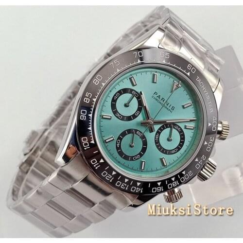 39mm PARNIS mens luxury watches sapphire glass cermaic bezel blue dial full Chronograph Multi-function mens quartz watch