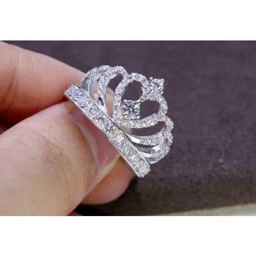 Luxury Solid 925 Sterling Silver Crown Ring Statement Jewelry Women Wedding Diamond Engagement Ring Romantic Party Gift