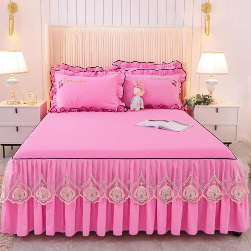 Pink/Blue/Red Lace Embroidery Bedspread Bed Sheet Pillowcases Set Korean Princess Bedding Bed Skirt Mattress Cover Home Textile
