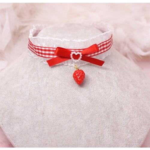 Handmade Lolita Lace Bow Strawberry Necklace Choker Cosplay Princess Girl Neck Pendant D477
