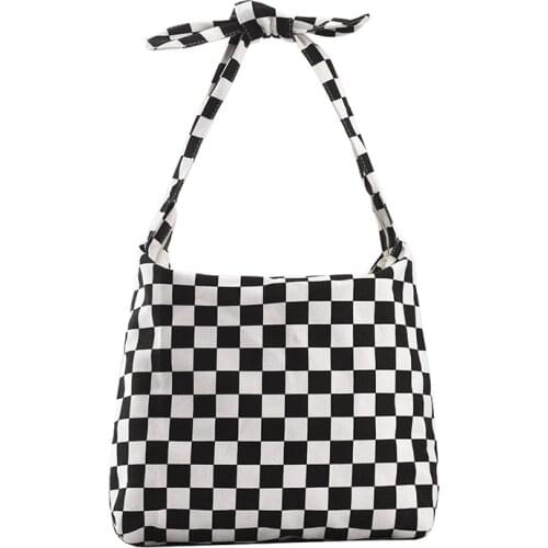 Storage Bags Fashion Plaid Canvas Girl Bag Supermarket Shopping Bag 2021 New Single Shoulder Bag Student Storage Messenger Bag