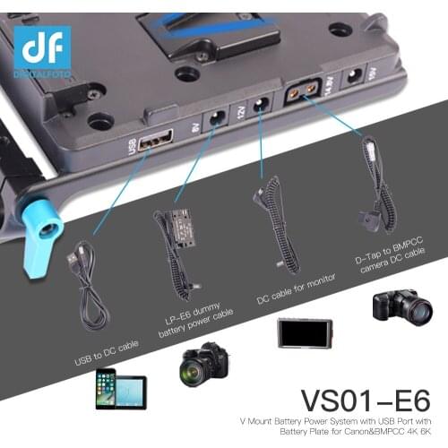 V Mount Battery Plate with 15mm Rod Clamp+D-Tap to BMPCC 4K 6K Cable+NP-FW50 Dummy Battery/LP-E6 for Sony/Canon Camera
