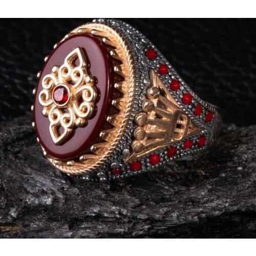 King Burgundy Zircon Stone Silver Ring Vintage Men Silver Ring Made In Turkey Solid 925 Sterling Silver