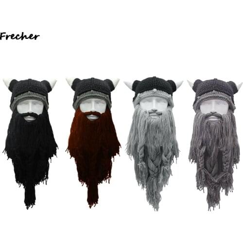 Adult Crazy Funny Halloween Cosplay Knitted Viking Beard Horn Hat Ski Mask Barbarian Vagabond Vintage Beanie Cap Winter Warmer