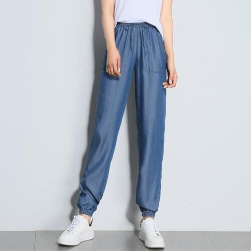 Women Jeans Loose Soft Blue Tencel Harem Elastic Waist Straight Ladies Thin Summer Spring Female Ankle Length Denim Plus Size