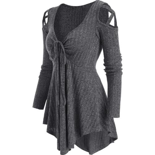 Wipalo Casual Long Sleeve Autumn Knitted Sweater Women Pullover Cold Shoulder Front Drawstring Ribbed Knitwear Solid Women Tops