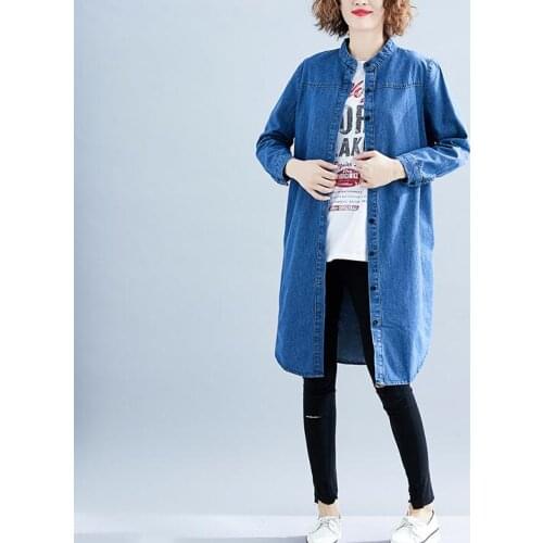2021 Women Denim Coat Spring Autumn Large Size Long Coat Cardigan Stand Collar Long Sleeve Fashion Coat Female YoYiKamomo