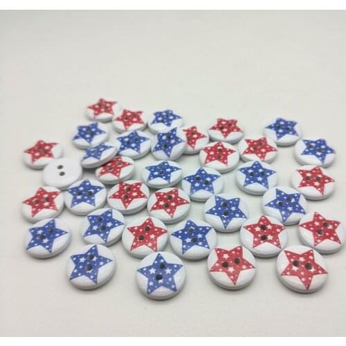 100pcs 15mm Wood Round Stars Buttons Sewing 2 Holes Christmas DIY Crafts Embellishments Red/Blue Color