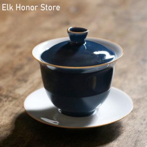 145ml Vintage Ji Blue Glaze GaiWan Jade Porcelain Tea Bowl With Saucer Lid Kit Master Tea Tureen Chinese Traditions Pu'er Teaset