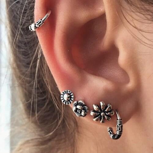 5 Pieces/Set Flower Stud Earrings For Women Flowers Pattern Totem Earring Circle Clip Ear Jewelry Ancient Silver Color Earring