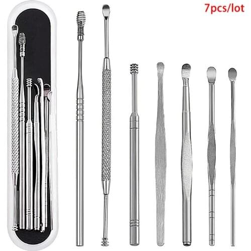 7pcs/set Titanium Alloy Earpick Wax Remover Curette Cleaner Health Care Ear Pick Outdoor Tools Travel Kits Double Earpick
