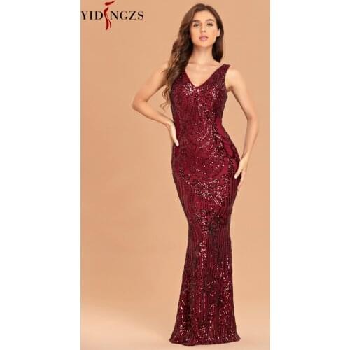 YIDINGZS Elegant V Neck Evening Dress Simple Burgundy Sequin Dress Sleeveless Dress For Women Party