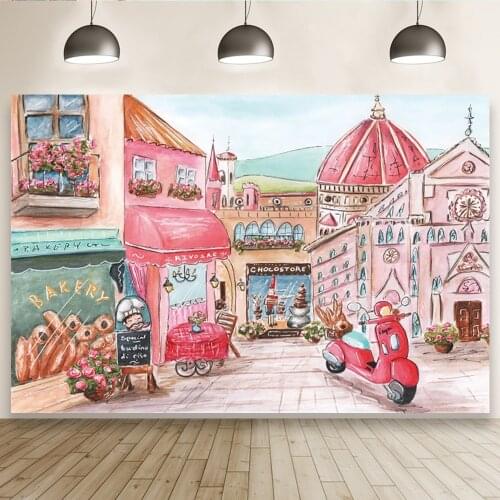 Kids Birthday Painted Bakery Ice Cream Shop European Building Style Party Backdrop Studio Banner Background Photography Decors