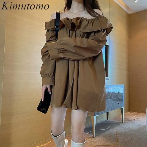 Kimutomo Elegant Casual Slash Neck Women Shirt and Blouse 2021 Spring New Fashion Ladies Off Shoulder Long Sleeve Top Chic
