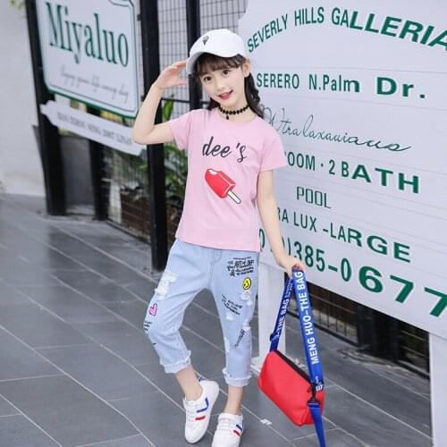 Kids girls 2pcs summer suits ice cream printed short-sleeved T-shirt + jeans new big virgin suit 4-12 years old