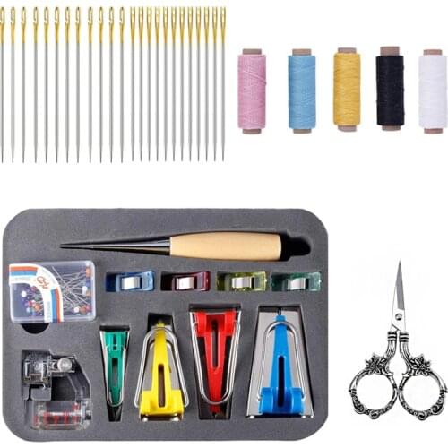 MIUSIE Bias Tape Maker Kit Elderly Needle-side Hole Vintage Scissor with Awl Bead Needle Clips Presser Feet for Tailor Handcraft
