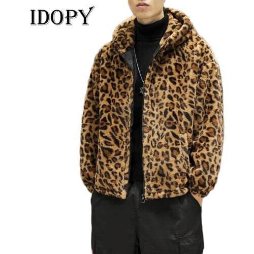 Idopy Mens Fur Coats Leopard Winter Men Jacket Hooded Fashion Outerwear Jackets Zipper Cardigan M-3XL