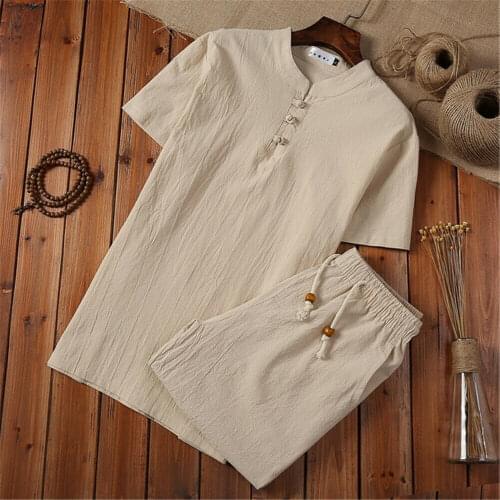 Men Summer Outfit 2-Piece Set Short Sleeve T Shirts and Shorts Cotton Linen Suit