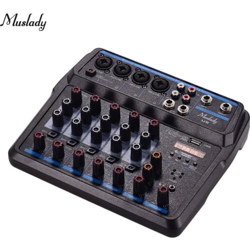 Muslady U6 Musical Mini Mixer 6 Channels Audio Mixers BT USB Mixing Console with Sound Card Built-in 48V Phantom Power