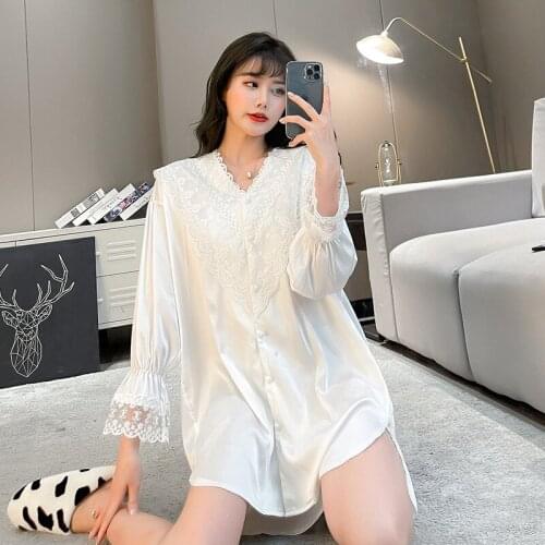 Nightdress Womens Summer Ice Silk Sexy Nightgownt Lace Spring Autumn Long Sleeve Princess Style White Shirt Sleepwear Nightwear