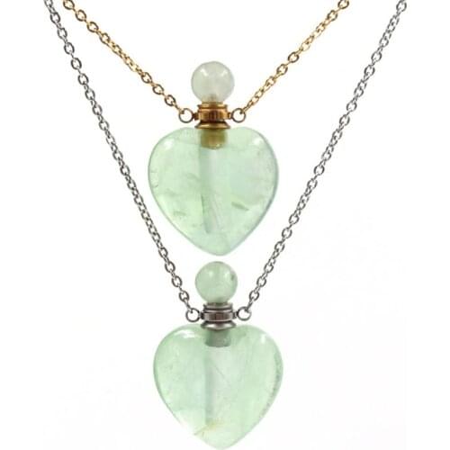 KFT Natural Stones Perfume Bottle Essential Oil Diffuser Pendants Love Heart Healing Crystal Quartz Stone Pendant Chain Necklace