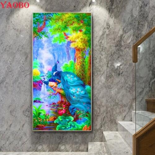 Peacock couple waterfall scenery Diamond Painting Full Square Round Drill Diamond Embroidery Cross Stitch Kits 5D Home Decor