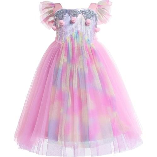 2019 Summer Girls Rainbow Tulle Dress kids Puffer Ball flare sleeve Vetidos Elsa Cosplay Girls princess Dresses Robe fille 3-10Y