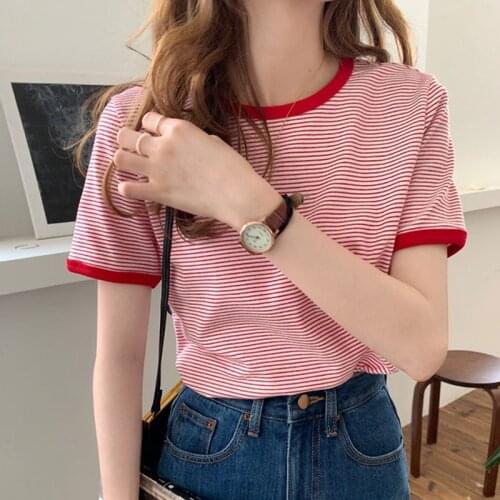Striped Summer tshirts Korean Short Sleeve Casual Shirts Tops Knitted Tee Shirt Sweet Girls Streetwear Loose O-Neck Pullovers