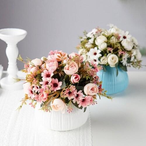 Multicolor Tea Roses Vases Artificial Daisy Peony Silk Plastic Flowers for Home Wedding Decorative Flowers Fake Flower Bouquet