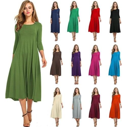 Three Quarter Sleeve Dresses For Women Casual Autumn Pleated Midi плать Elegant O neck Party Femme Robe 2021Plus Size Girl dress