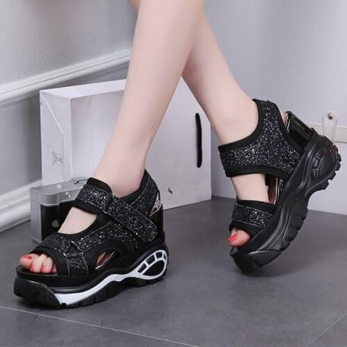 Womens Platform Sandals Summer Sequins Shoes On Heels Women Wedge Sandals Beach Shoe Peep Toe Sandals Fish Mouth Platform Shoes