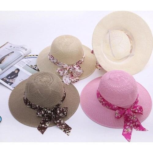 Summer Girls Sun Hats Wide Brim Bowknot Beach Straw Hat with Ribbon Outdoor Sun Protection Women Hats Ladies Panama Caps
