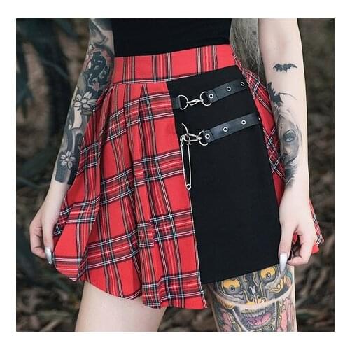 Womens Mini Pleated Skirts, Gothic High Waist Plaid Print Irregular A-Line Short Skirts 92132 Dark Skirt 2021