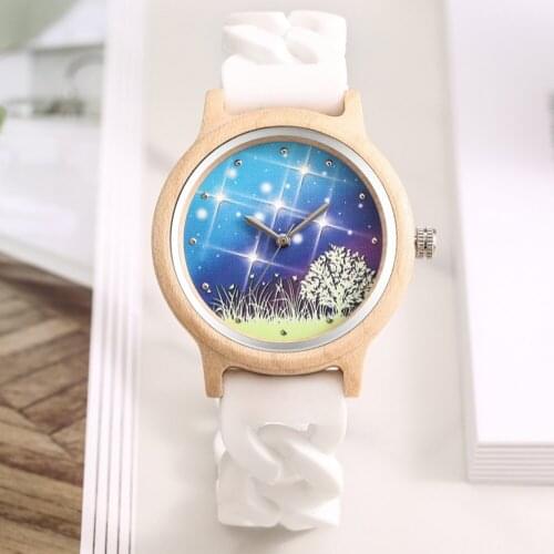 Ladies Watch Elegant White Silicone Band Luminous Minimalist Wood Dial Case Quartz Clock No Buckle With Instruction Wife Gifts