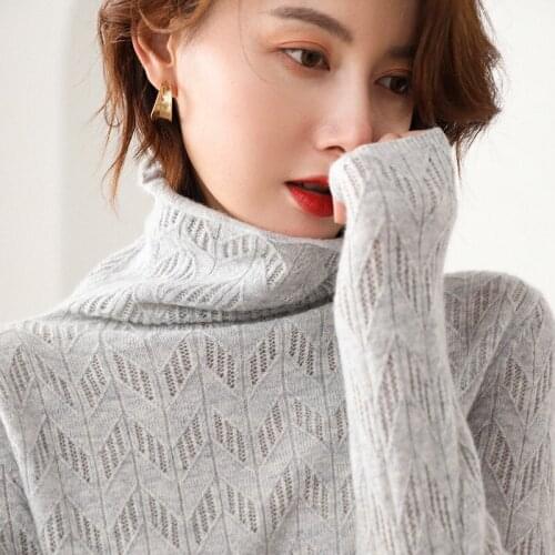 Female 2020 brief paragraph soft waxy pure cashmere mound turtle neck loose hollow out, backing knitting a sweater