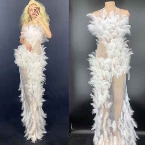 Sexy White Feather Long Dress Stage Show Evening Dress Female Nightclub Bar DJ Women Gogo Dance Costumes Party Dresses DQS5453