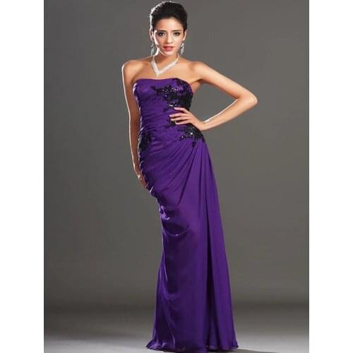 Women Purple Long Evening Dresses Strapless Appliques Pleat Chiffon Dubai Saudi Arabic Evening Gown Prom Dress
