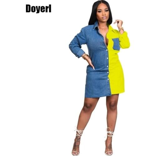 Patchwork Denim Shirt Dress Women Autumn Turn Down Collar Long Sleeve Button Up Mini Shirt Dress Streetwear Casual Shirt Dress