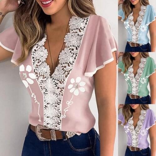 Womens V-neck Lace Printed Ruffle Short Sleeve T-shirt Top Slim Elegant Summer Ladies Shirt Aesthetic Clothes