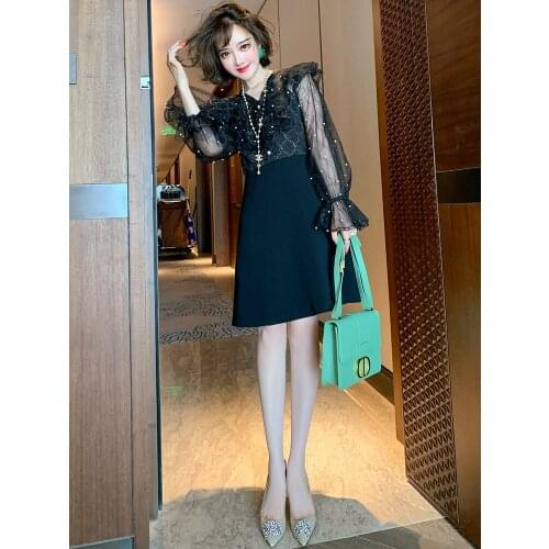 Gold thread jacquard stitching perspective yarn beaded ruffled v-neck waist dress women 2020 early autumn new