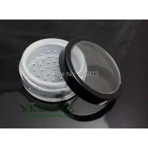 100pcs/lot 20ml / 10g loose powder jar with sifter container with clear window black rim cap cosmetic packing