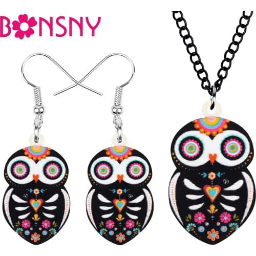 Bonsny Acrylic Halloween Floral Owl Jewelry Sets Lovely Animal Earrings Necklace For Women Kids Funny Wedding Gift Accessories