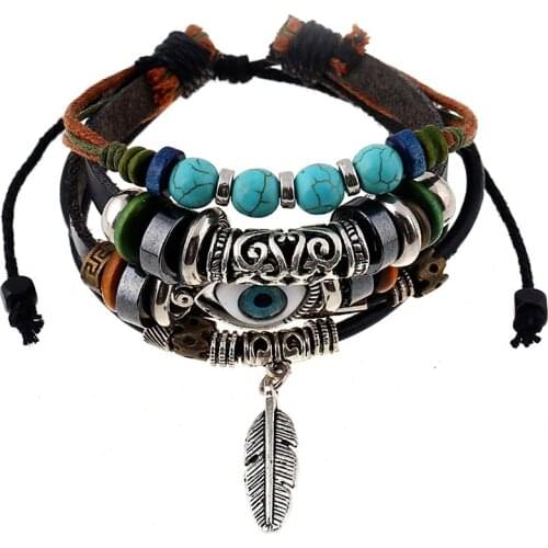 Neatie kiddie Beaded Multilayer Blue Eyes Cowhide Bracelet Ethnic Wind Feather Pendant Bracelet Accessories