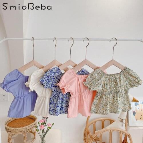 Baby Bubble Sleeve Girls Shirt 2021 Summer Sweet Cute Top Korean Short Camisas De Bebe Blouse Full Flowers Shirts Christmas Rosa