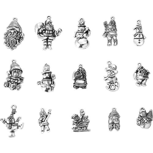 DoreenBeads Zinc Based Alloy Pendants Christmas Snowman Silver Color Mixed Santa Claus 33 x25mm- 20 x14mm, 1 Set ( 15 PCs/Set)