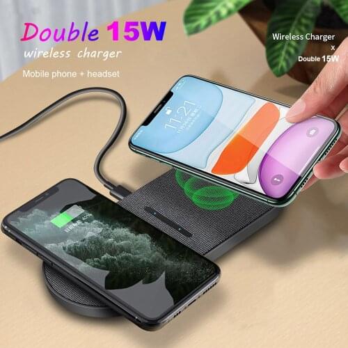 Double 15W Wireless Charger for Mobile Phone and Headset for iPhone 12 12ProMax 11 11Pro X XR XSMAX 8 7 Plus 15W Charging Pads