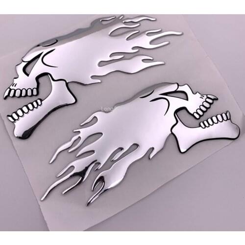 FASP 2Pcs/Pair Silver fire 3D Ghost Skull Head Auto Motorcycle Car Sticker Emblem Decals