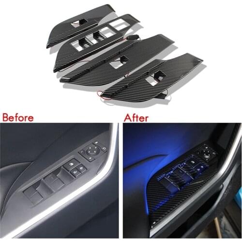 Car Carbon Fiber Window Glass Lift Button Trim Switch Cover Decoration LED Atmosphere Light for Toyota RAV4 2020 2021