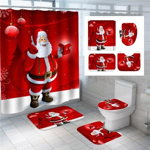 Santa Claus HD Printed Shower Curtain Set Bathroom Bathing Screen Anti-slip Toilet Lid Cover Carpet Rugs Kitchen Home Decor